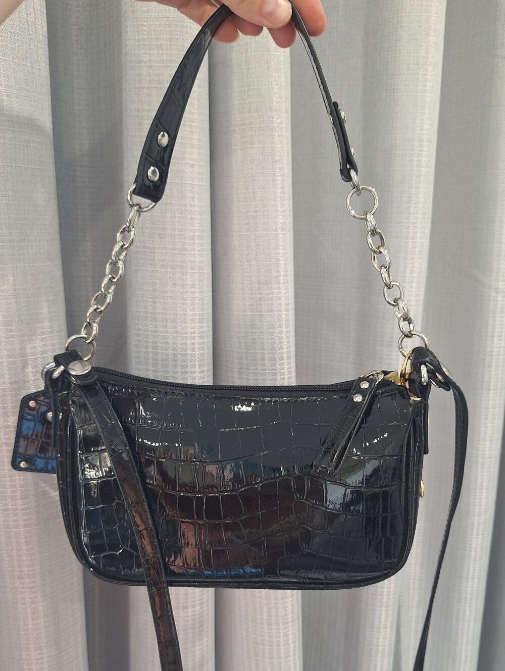 Guess Black Croc Shoulder Bag With Crossbody Strap - Picture 3 of 4